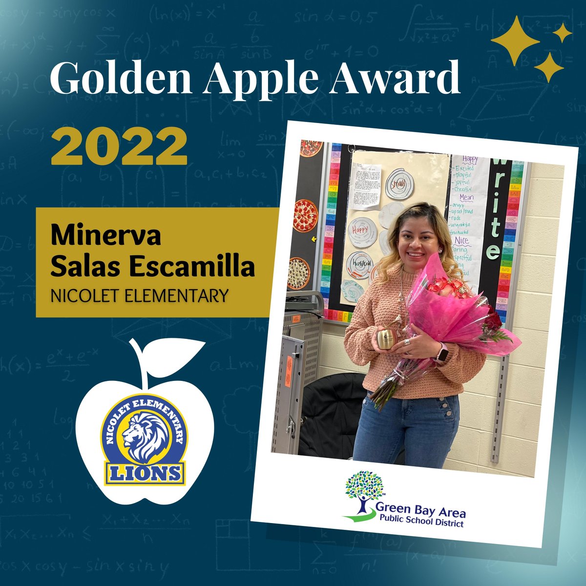 greenbayschools's tweet photo. We are so proud to announce that we have two Golden Apple Award winners this year! Please join us in congratulating Minerva Salas Escamilla from Nicolet Elementary School and Mark Bonetti from Preble High School. #GBAPSProud https://t.co/M5D1Am0bLk