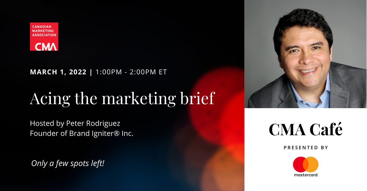 CdnMarketing's tweet photo. On March 1, Peter Rodriguez, Founder, @BrandIgniterInc, will lead a #CMACafe discussion on how #marketers can write outstanding #marketingbriefs, how to practice quality control before releasing #creativebriefs, and more. RSVP now: https://t.co/YR6YDJ7YD7 #MarketingExpert https://t.co/KQ00KOnL5p