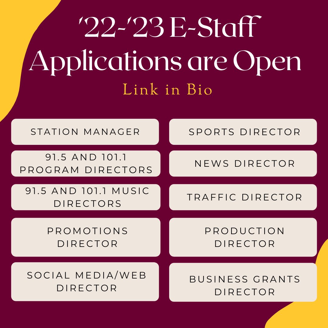 Looking to get involved with our station next year? E-Staff applications are now open! Find the application link in our bio and DM us with any questions you may have!