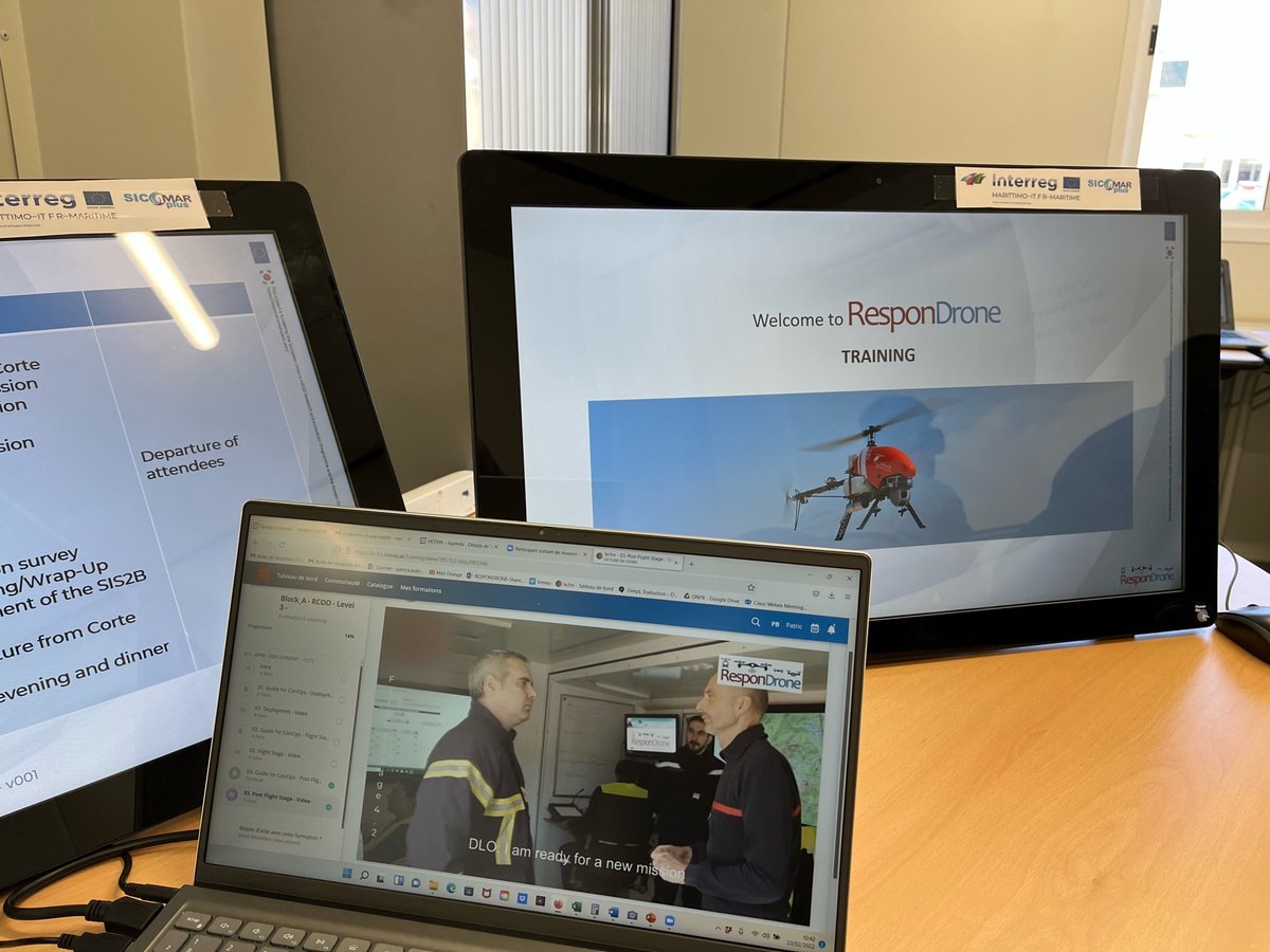 ResponDrone's tweet photo. The training session on the use of the ResponDrone LMS (learning management system) platform developed by #HCFDC started this morning in #Corte, #Corsica, at the SIS2B simulation facilities. https://t.co/LP0mPt1iDH #ResponDrone #EU #H2020 #FirstResponders #Emergency #Management https://t.co/loZMLhl3yt
