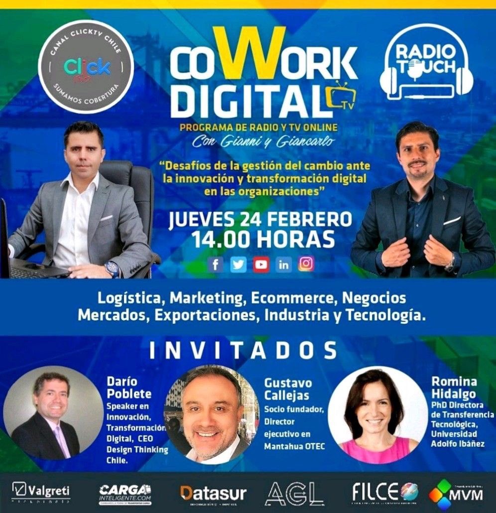CG_Ventures's tweet photo. Los invitamos mañana jueves a las 14:00 a conectarse a #CoWorkDigital de @radiotouch10, programa que contará entre los invitados con Romina Hidalgo y Darío Poblete, mentores de nuestra red. Señal en vivo en https://t.co/hT8l1qEVLZ https://t.co/c018jCUPSx
