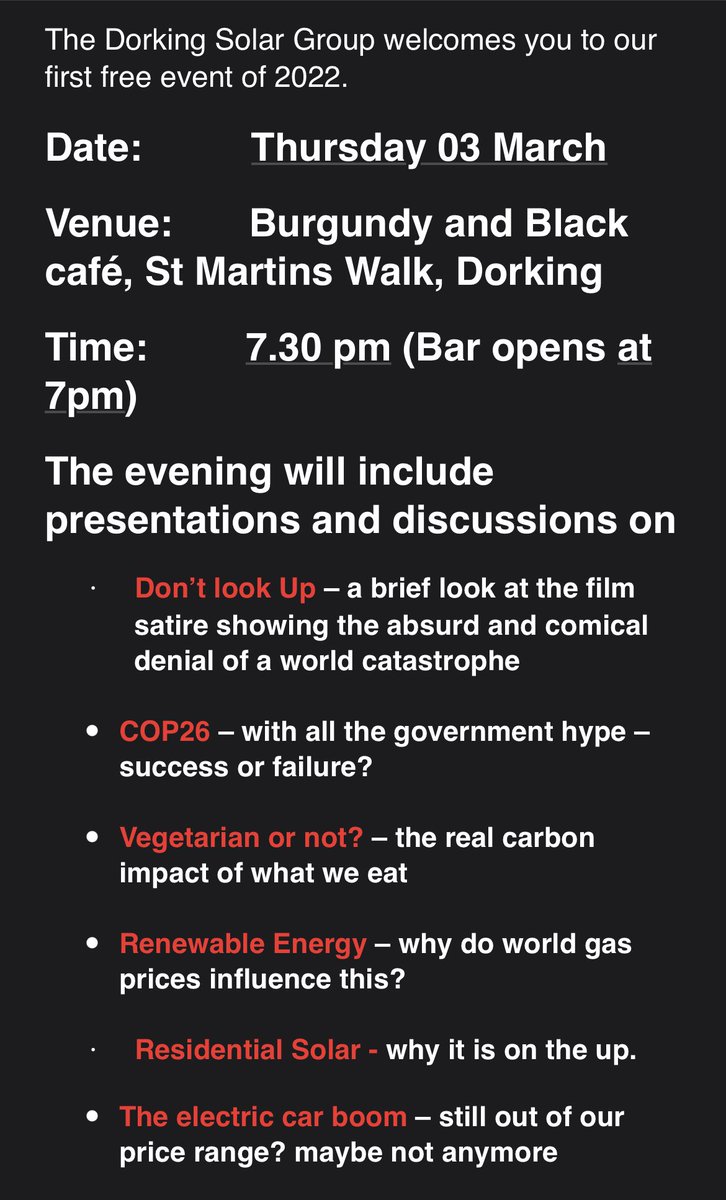 DorkingSolarGp's tweet photo. Dorking Solar Group evening presentations &amp; discussion over a beer or tea/coffee on Thu 3rd March, 7pm for 7:30pm at Burgundy &amp; Black cafe, St. Martin’s walk, Dorking. All welcome. All very informal. Topics:- https://t.co/3dKegFdzlK