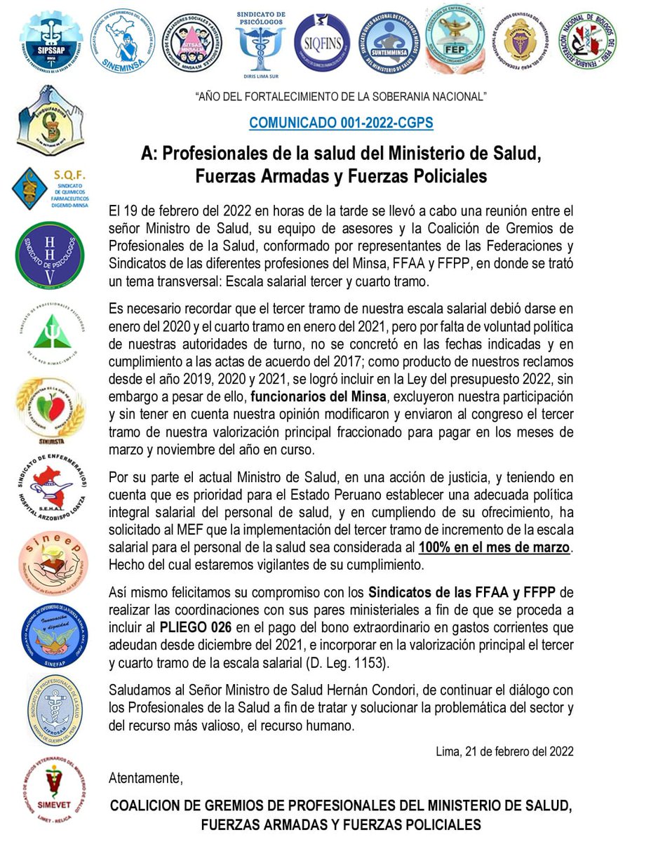 GMinsa's tweet photo. Coalición de Gremios Profesionales de la salud, Fuerzas Armadas y Fuerzas Policiales
🚨Comunicado N° 001-2022-CGPS🚨
@NoraLizBalt @SIPSSAPOf @Minsa_Peru @RPPNoticias @exitosape @elcomercio_peru @PoliciaPeru @FEDEMINSAP1 @Defensoria_Peru https://t.co/y0oknQbAx8