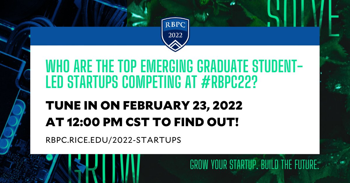 With more than 420 applications for <a href="/RBPC/">RBPC</a>, which startups rose to the top? Find out the 42 startups competing at #RBPC22, the largest and richest student startup competition, TODAY at 12 pm CST. rbpc.rice.edu/2022-startups.