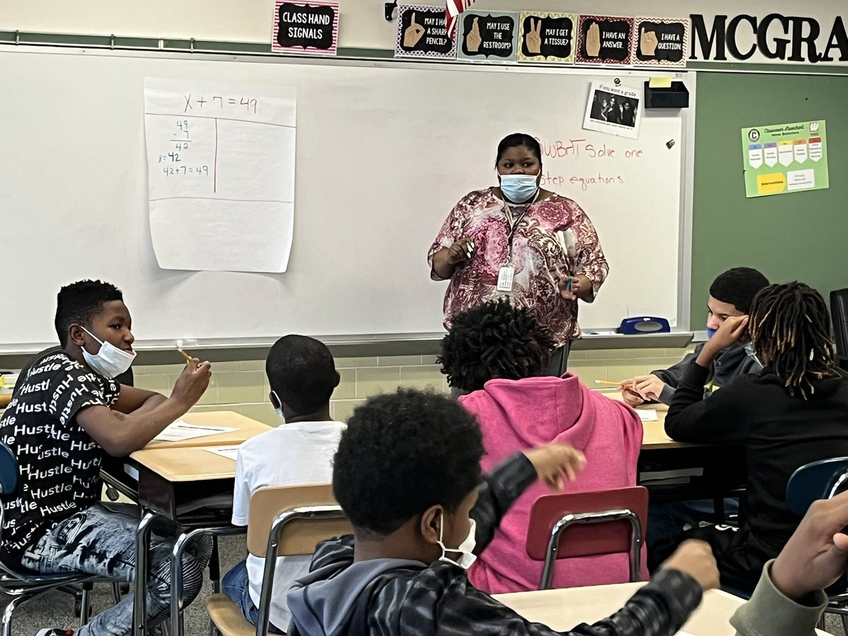 skellerCIMS's tweet photo. 30 mins in Ms. McGraw’s math class: (1) using any strategy, solve a one-step equation (2) T modeled how to isolate variable (3) Ss partnered to isolate the variable on a different problem (4) Create poster of solved equation (5) present to class. #rockstar #maximizeinstruction https://t.co/9irgNRjtct