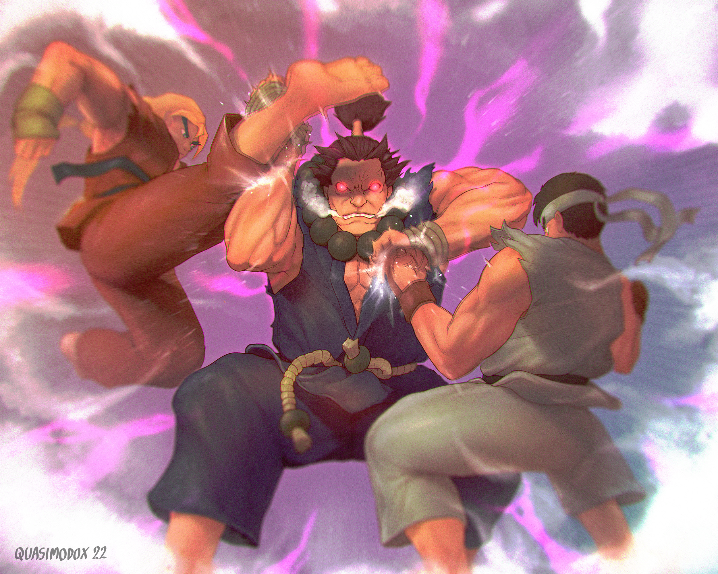 Street Fighter Akuma blocks Ryu's uppercut and Ken's jumping kick at the same time in a firm stance, his red eyes shine through kens shadow casts on him.