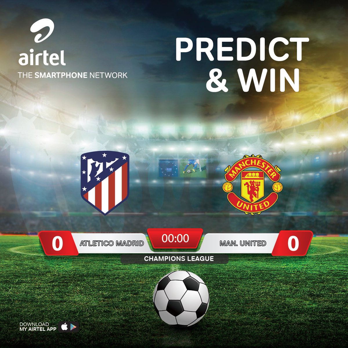 airtelrw's tweet photo. Ready for #UCL Tonight? Predict the score between #AtleticoMadrid vs #ManchesterUnited to stand a chance to win 16,000Frw of 30GB 4G data bundle. Predict and Win to enjoy!!!
#ATMMNU https://t.co/lNLNUHzRHF