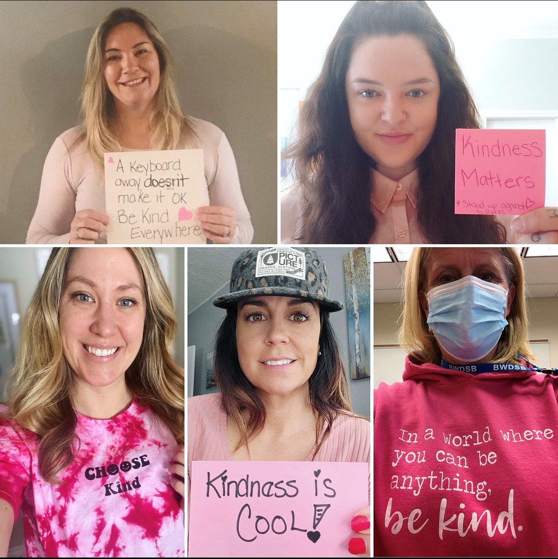 BluewaterDSB's tweet photo. Our dedicated #BWDSB Mental Health Team shares a message of kindness on Pink Shirt Day! The team is always here to support our students and works hard to destigmatize mental health issues. https://t.co/UQLKwoypgK