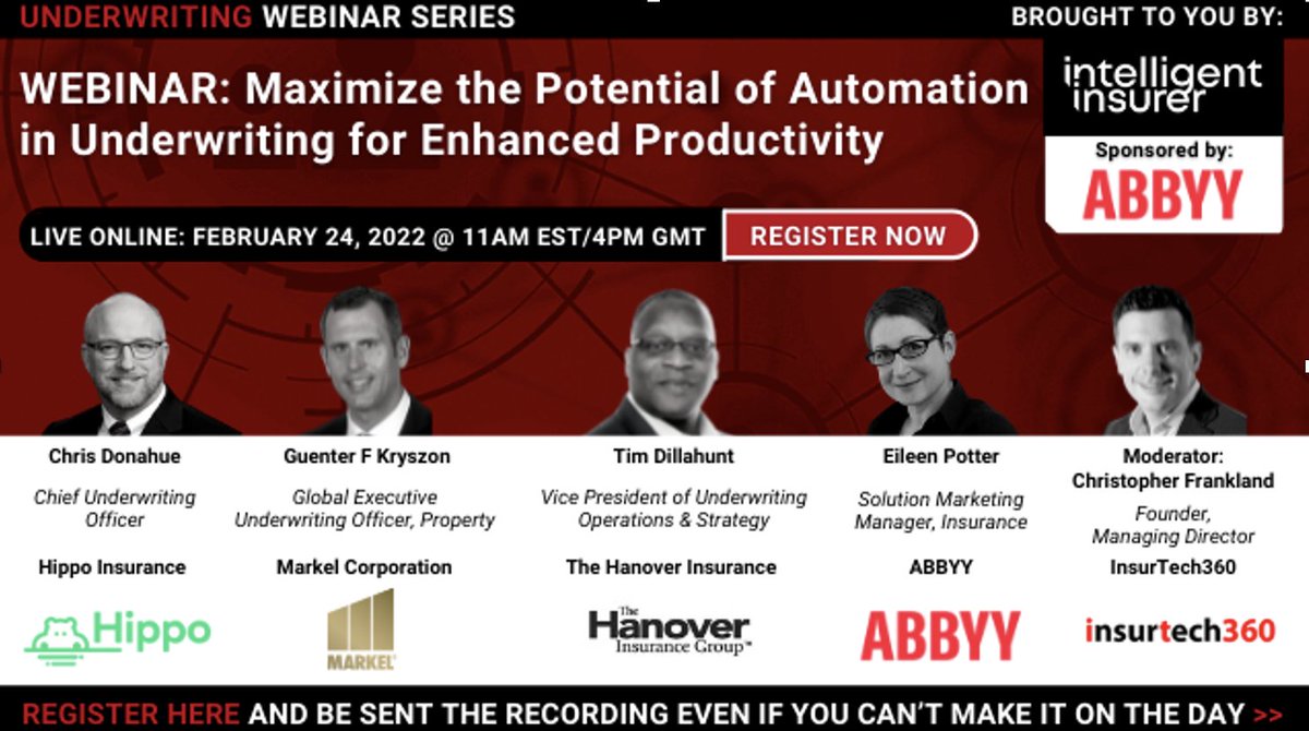 Senior underwriting experts from @hippo_insurance, @MarkelIntl, @The_Hanover and @ABBYY_Software will be speaking at our upcoming webinar: “Maximize the Potential of Automation in Underwriting for Enhanced Productivity”. bit.ly/3ohWoeJ