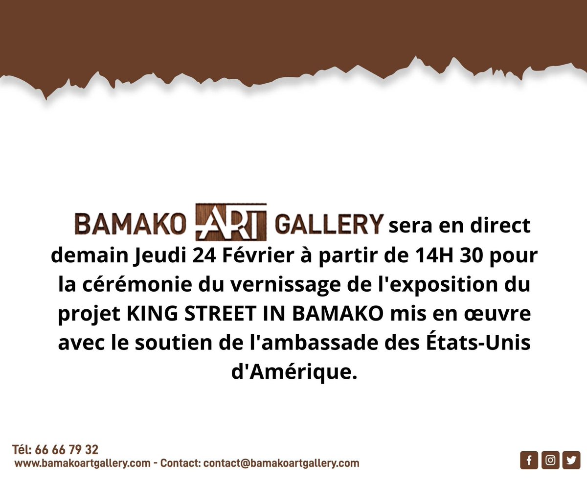 ArtBamako's tweet photo. 📣 #BAGinvite
Nous serons en live demain sur nos pages Facebook et Instagram pour vous faire vivre le vernissage de l'exposition du projet <<KING STREET IN BAMAKO>> réalisé avec le soutien de @USEmbassyMali.
A ne surtout pas manquer...😉
#FacebookLive #BamakoArtGallery https://t.co/xDaA1egqby
