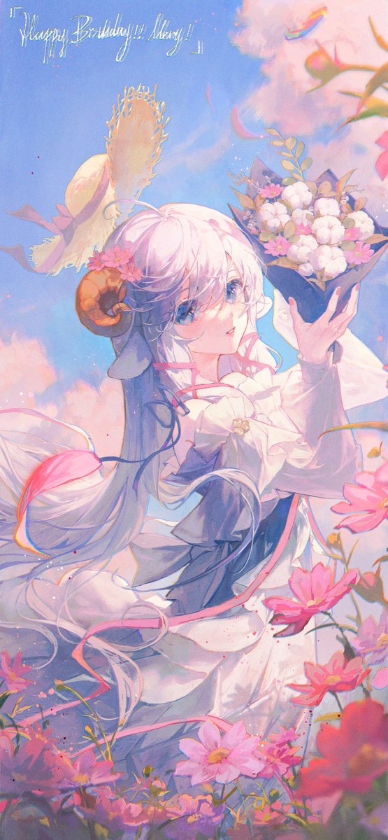 1girl flower solo hat long hair blue eyes holding  illustration images