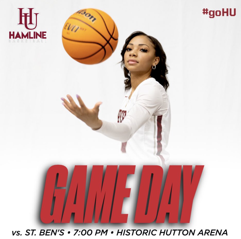🚨Game Day!
‼️MIAC Quarterfinal 
🏀 vs. St. Ben’s
🕐 7:00 PM
📍 Historic Hutton Arena
💻 portal.stretchinternet.com/hamline/
#goHU