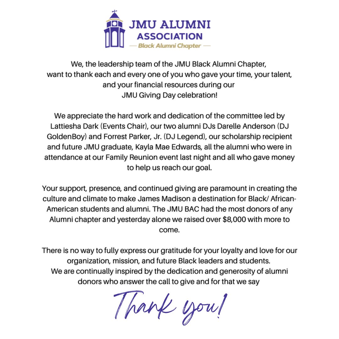 JMUBAC1908's tweet image. An open letter from the JMU Black Alumni Chapter to you! 💜💛