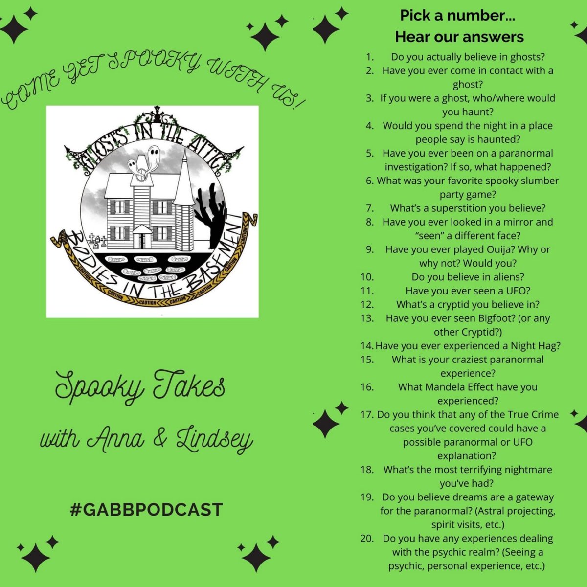 GabbPodcast's tweet photo. Let's play a game! 
Pick a number and comment it below. We'll answer the question on video in our new bonus content: Spooky Takes with Anna and Lindsey on #youtube and #spotify video podcasts. Coming soon
#gabbpodcast #pickanumber #podnation #paranormal #spookytakeswithGABB https://t.co/BVvkf2MU02
