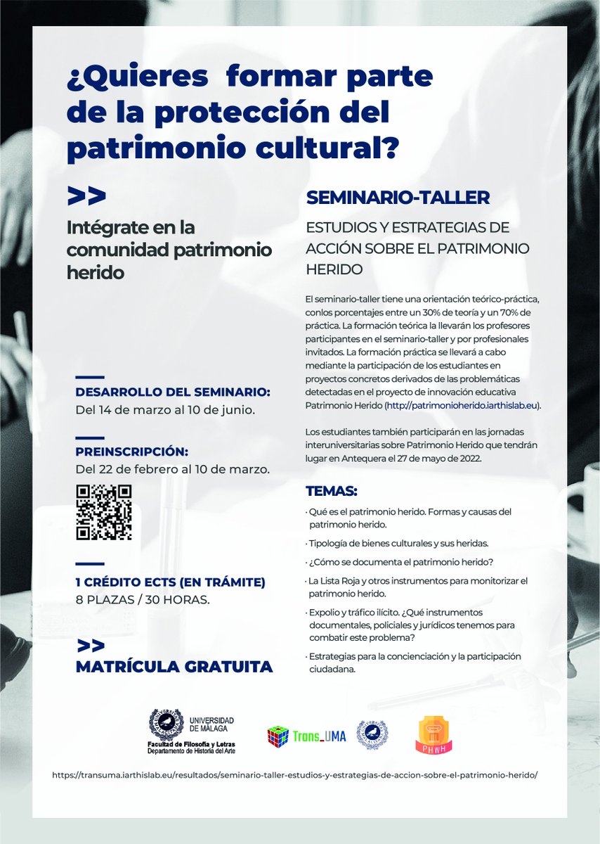 ¿Quieres formar parte de la #protección del #patrimoniocultural? Intégrate en la comunidad <a href="/PtrimonioHerido/">Patrimonio Herido</a>. 

Lanzamos este Seminario-taller titulado "Estudios y estrategias de acción sobre el patrimonio herido" 8 plazas/30 horas. Abierta preinscripción del 22/02 al 20/03 👇