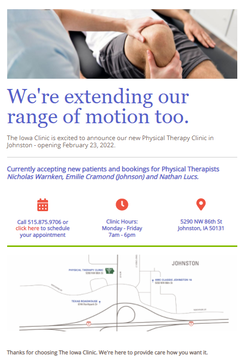 TheIowaClinic's tweet photo. We are excited to celebrate the opening of The Iowa Clinic Physical Therapy – Johnston today! The Clinic offers three PTs who are now accepting new patients, including self-referrals. Call 515.875.9706 or visit our website to schedule your appointment.
https://t.co/vTitlBRdJh https://t.co/siyhy1FpcX