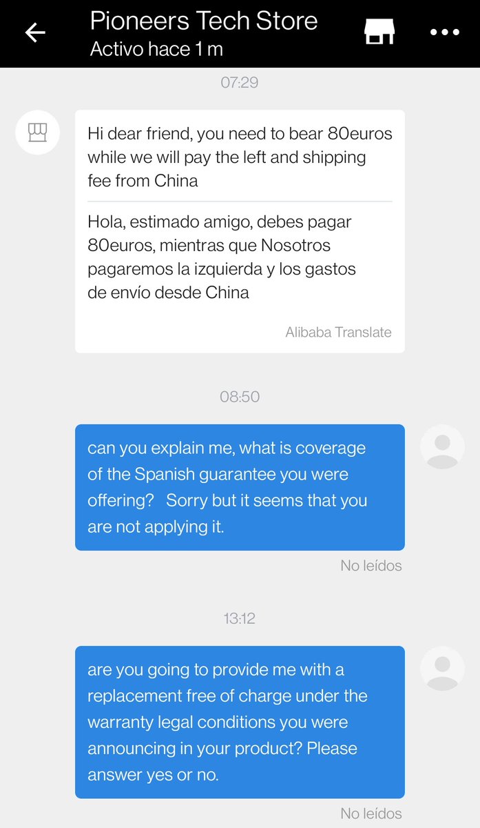 sperali's tweet photo. @El_Citador @AliExpressES Vendedores de @AliExpressES plaza pidiéndote dinero por pedir un reemplazo de un producto en garantía. Mucho cuidado con la garantía de AliExpress Plaza de 2 años, es inexistente, completamente fuera de la legalidad. Denunciable ante consumo. AliExpress Plaza se desentiende. https://t.co/0COlLaC7LO