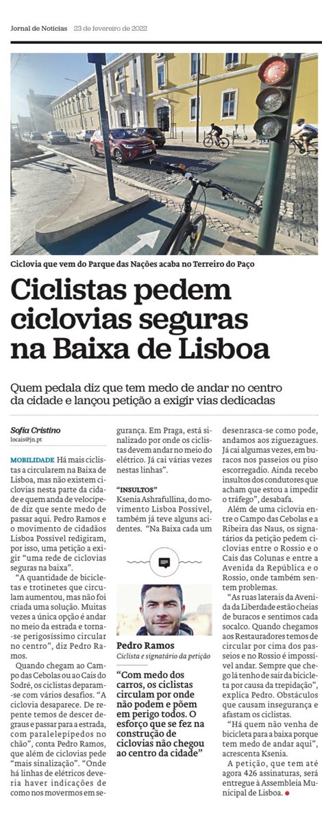 Hoje o <a href="/JornalNoticias/">Jornal de Notícias</a> conta sobre a petição que lançamos com <a href="/Algortm/">Pedro Ramos</a> para tu e nós termos ciclovias na Baixa. Se ainda não chatearam pelo menos 10 amigas, é hoje que o podem fazer 😘🚲 lisboapossivel.pt/peticao_baixa_…