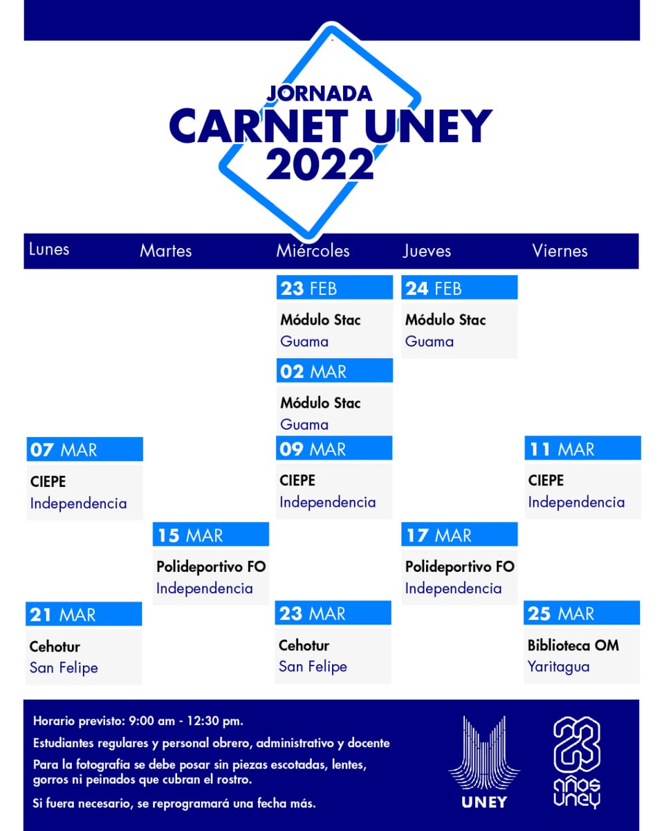 #Hoy en la <a href="/uney_oficial/">UNEY</a> inicia proceso de carnetización de la comunidad universitaria. Gracias al apoyo de la unidad de audiovisuales y <a href="/yeikogomez/">________Yeiko</a> y <a href="/SibceUney/">sibceuney</a> Adelante! <a href="/NicolasMaduro/">Nicolás Maduro</a> @TibisayLucena8 <a href="/JLEONYARA/">JULIO LEÓN</a> <a href="/arbolve/">ArbolVe</a> <a href="/yeikogomez/">________Yeiko</a> <a href="/AbgManuel/">Manuel R. Muñoz B</a> <a href="/ABGCACAM/">CARLOS CAMACARO</a> <a href="/PrensaUney/">Prensa UNEY</a>