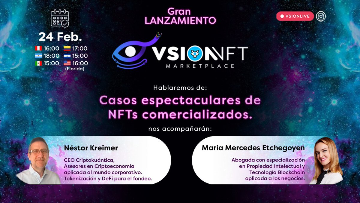 criptokuantica's tweet photo. Mañana👉🏼 "Casos espectaculares de NFTs comercializados"

Néstor Kreimer (CEO Criptokuántica) y Mercedes Etchegoyen (Especialista en propiedad intelectual) serán parte de este panel.

🗣️ Organiza: VsionNFT Marketplace. Míralo en vivo a través del Instagram @criptovisiononficial https://t.co/IpeZMdMWHw