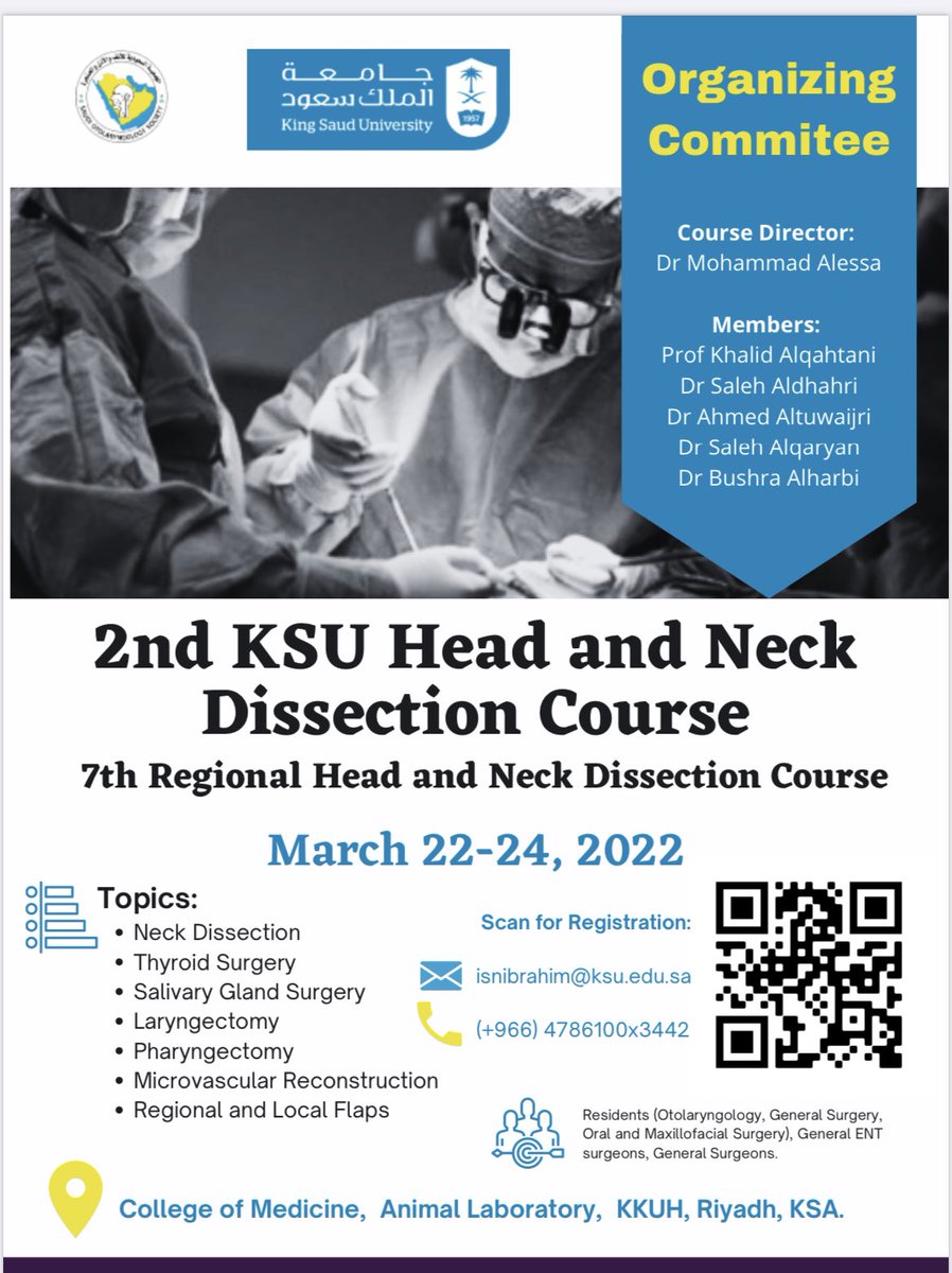 SaudiSocietyORL's tweet photo. 🔺 2nd KSU Head&amp;neck dissection Course 

🗓 March 22-24, 2022 https://t.co/Y04TqGeeAM