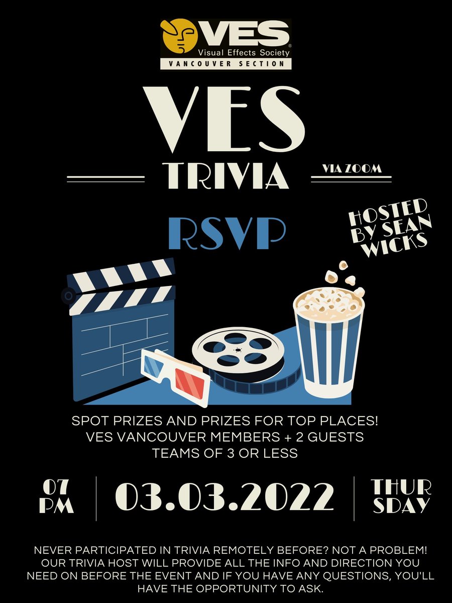 Test your #film  and #TV knowledge against your fellow #VESVancouver members at our 3rd #Trivia  night on March 3! Bring guests to form a team, win some prizes and claim the ultimate bragging rights as Trivia Champion! 

Check your email for the RSVP link!

#events