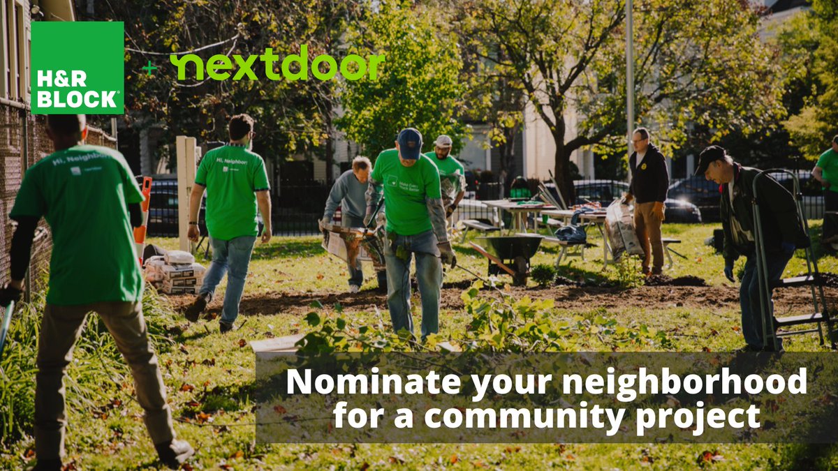 HRBlockNews's tweet photo. H&amp;R Block partners with @Nextdoor for the third consecutive year to connect neighbors, improve communities and Make Every Block Better. The companies will choose 10 communities for projects in 2022. Nominate a project in your neighborhood now: https://t.co/FtDx3PDYmA https://t.co/rqA42dWQCl