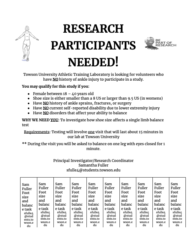 tu_kinesiology's tweet photo. Calling all Tigers! The @TowsonU Athletic Training Laboratory is looking for volunteers. If you are a female between 18-40 years old and have no history of ankle injury, email sfulle4@students.towson.edu to get involved!
#AthleticTraining #SportsMedicine https://t.co/InOQ9ecdz9
