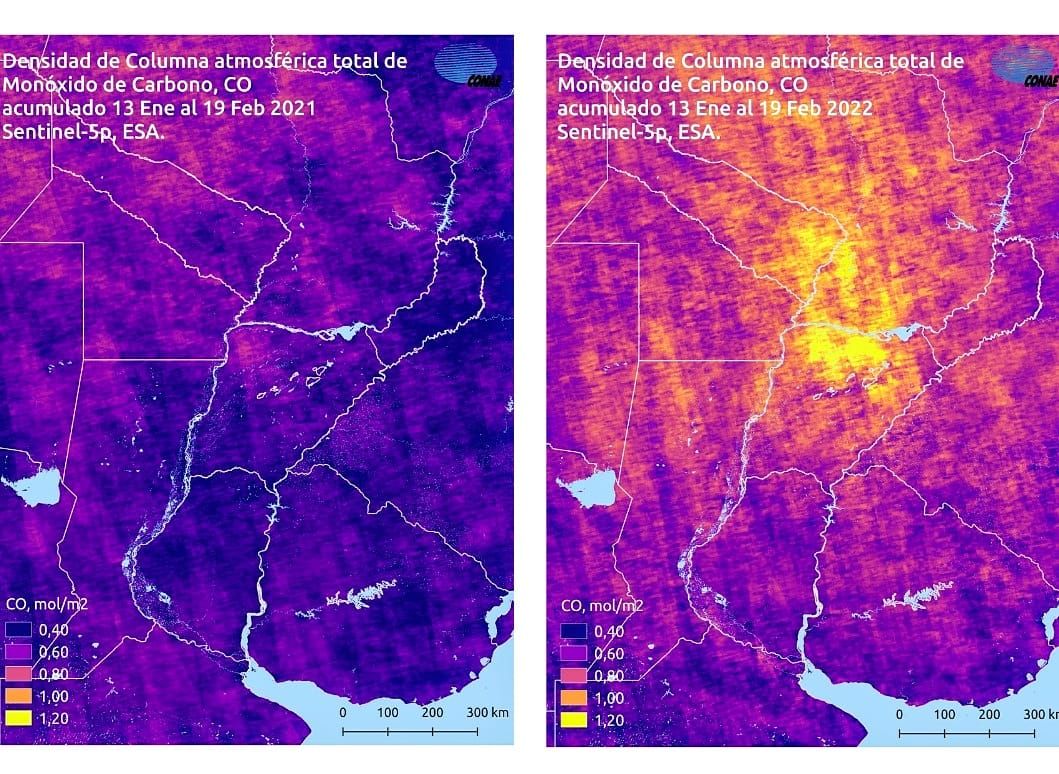 CONAE_Oficial's tweet photo. La CONAE elaboró mapas de calidad de aire de la zona afectada por incendios de Corrientes, en base a datos del satélite Sentinel-5p, donde se observan altas emisiones de monóxido de carbono (CO) y de dióxido de nitrógeno (NO2), producto la quema de vegetación.

Abrimos hilo 👇 https://t.co/tum2Tx17EX