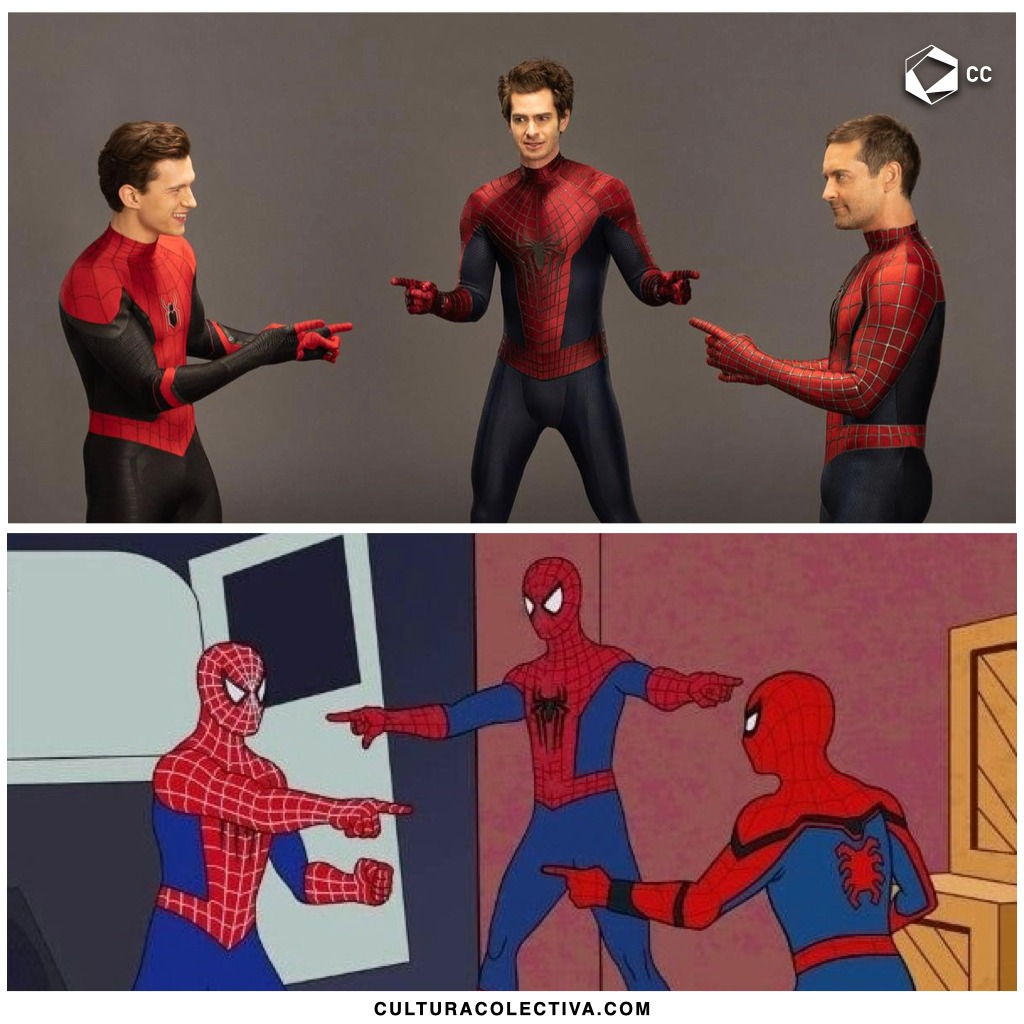CulturaColectiv's tweet photo. Tom Holland, Andrew Garfield y Tobey Maguire recrearon el icónico meme en el que aparecen los 3 #SpiderMan señalándose. 😍 https://t.co/4zxbkDuWDv