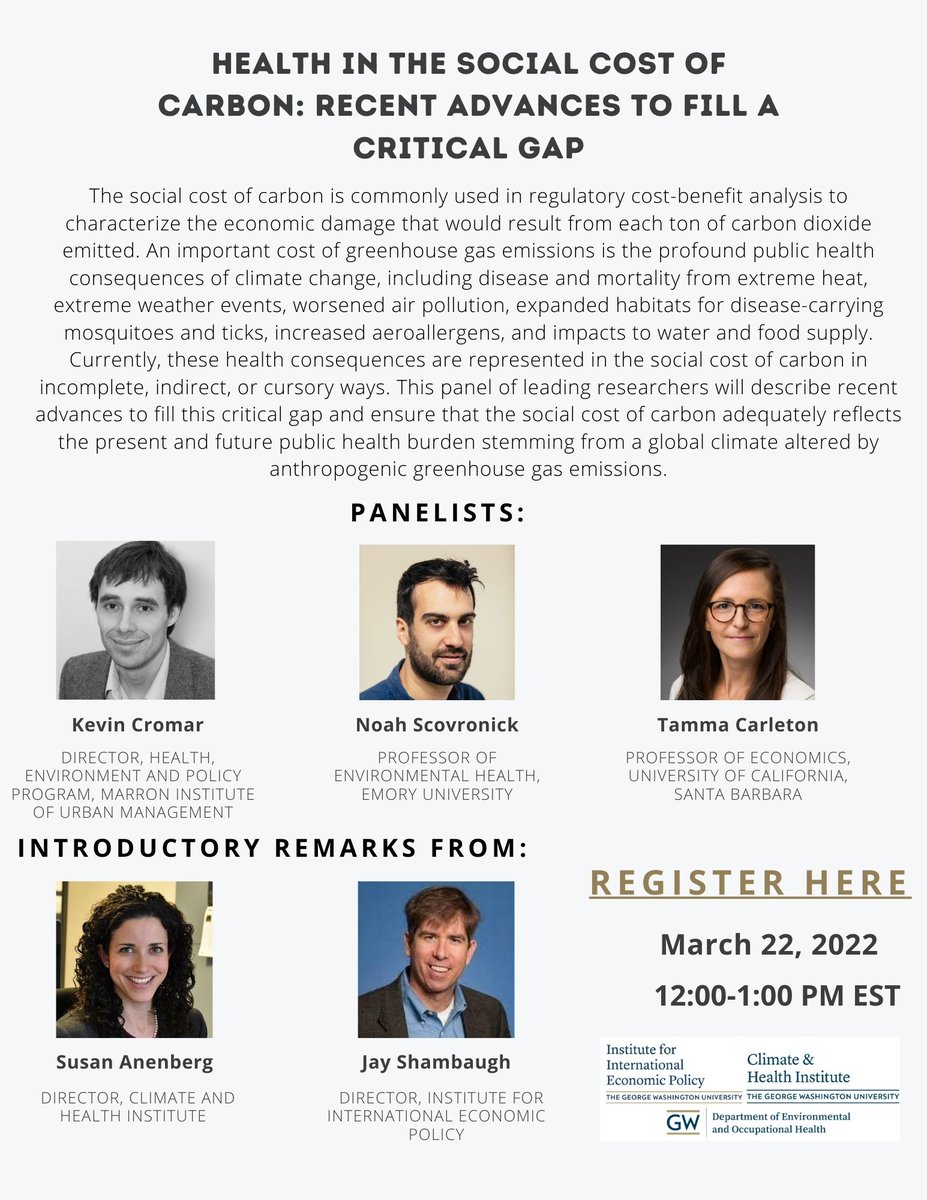 gwclimatehealth's tweet photo. Mark your calendars! GW CHI, @IIEPGW, and @GWDeptEOH are co-hosting a panel on Health in the Social Cost of Carbon on March 22nd from 12-1 PM EST. Zoom registration now open: https://t.co/ha1ajbykf4 https://t.co/2kwVNhvMAP