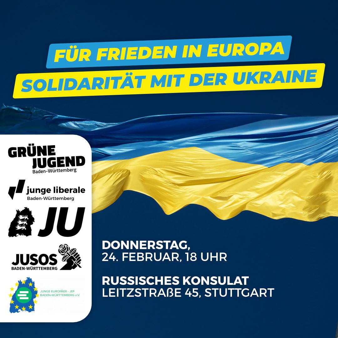 Gemeinsam mit <a href="/jubw/">JU Baden-Württemberg</a>, <a href="/gjbw/">GRÜNE JUGEND BW</a>, @jusosbw &amp; <a href="/JEF_BW/">JEF Ba-Wü (Germany)</a> werden wir laut für Solidarität mit der Ukraine und Frieden in Europa! Wir treffen uns morgen, am 24.02.2022, um 18:00 Uhr zu einer Kundgebung vor dem russischen Generalkonsulat Stuttgart. Sei dabei! #standwithukraine
