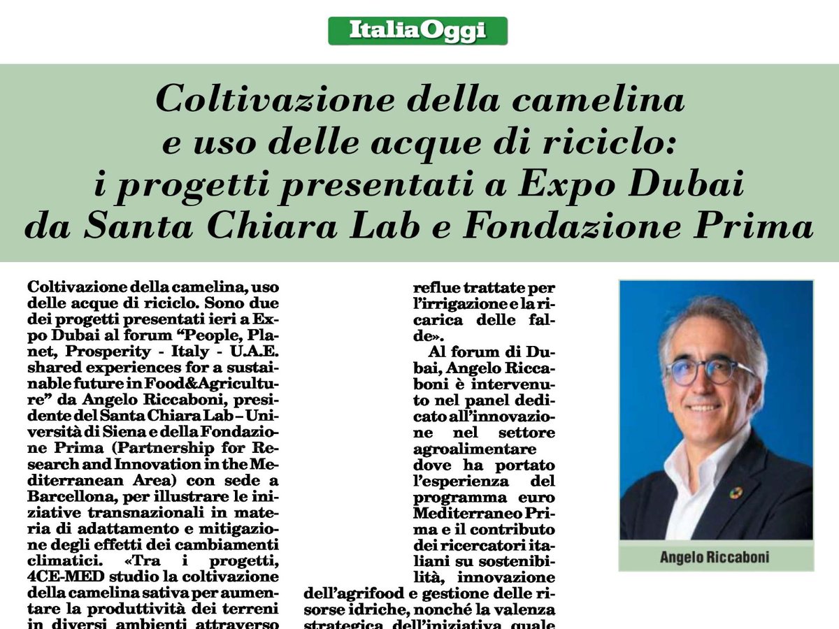 🗞️Su <a href="/ItaliaOggi/">ItaliaOggi</a>,#AgricolturaOggi alcuni progetti di #PRIMA a guida🇮🇹presentati a #ItalyExpo2020-"People Planet Prosperity”da <a href="/AngeloRiccaboni/">Angelo Riccaboni</a>:
✅<a href="/4ceMed/">4CE-MED</a>, camelina per la tutela del suolo
✅<a href="/fit4reuse/">FIT4REUSE</a> per il riuso di acque reflue
<a href="/chiaroeforte/">🇮🇹 Luigi Chiarello 🇪🇺</a> <a href="/anset1963/">Andrea Settefonti</a>
👉bit.ly/3vh7J3b