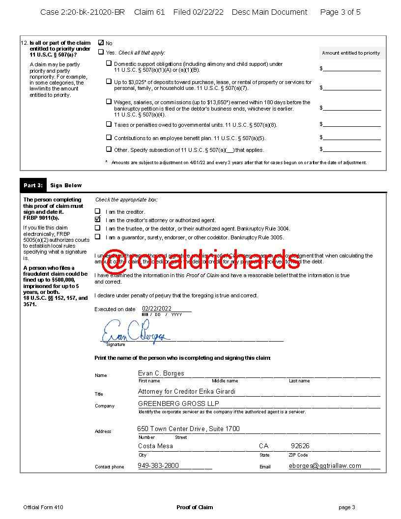 RonaldRichards's tweet photo. Breaking:🚨🚨 @erikajayne files a claim in her husband's bk case. She claims she OWES NOTHING!  ⬇️⬇️ below.  She also sets the defense for EJ Global, her LLC which received $25M in payments and is a receivable to the law firm:  Tom managed it all, not my problem! Sad to see this. https://t.co/CH4rr2J92S
