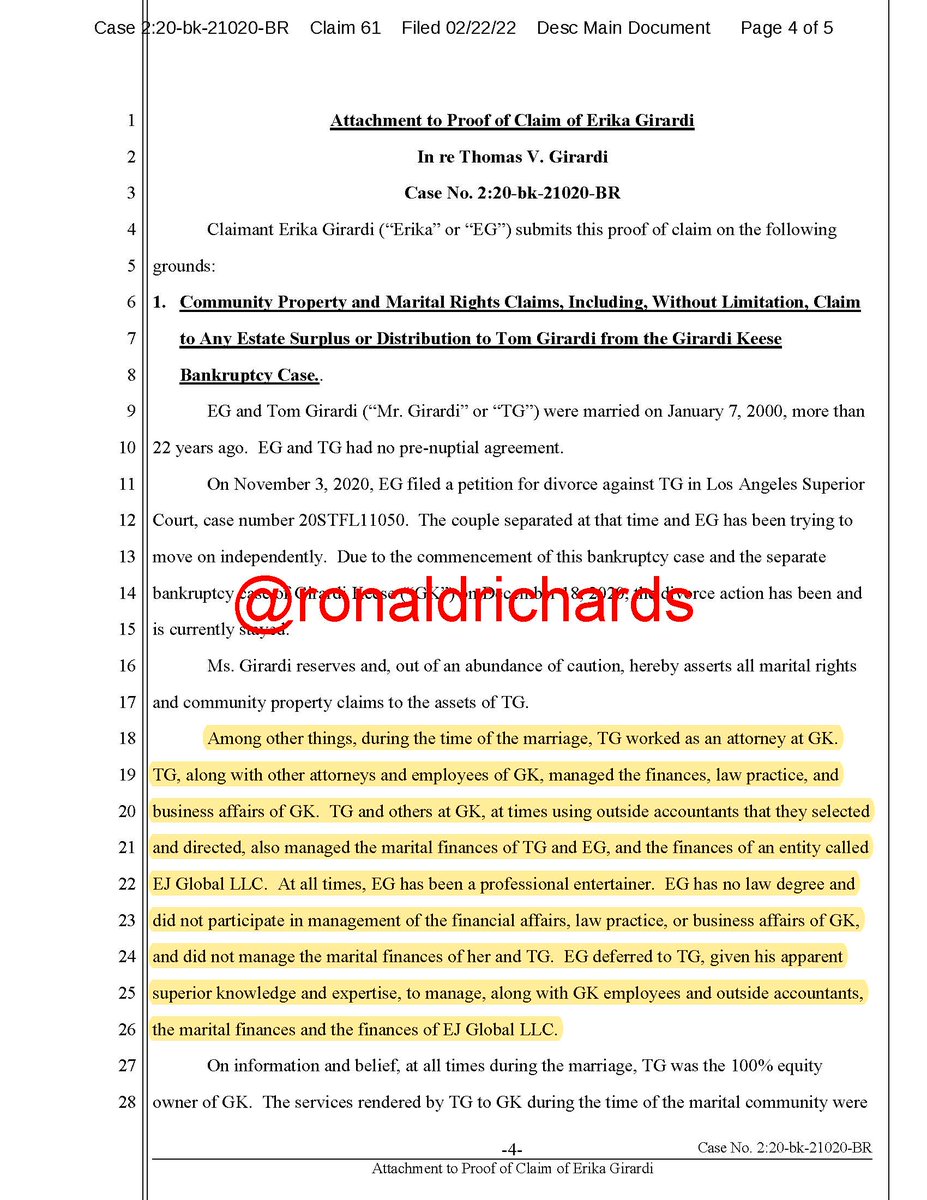 RonaldRichards's tweet photo. Breaking:🚨🚨 @erikajayne files a claim in her husband's bk case. She claims she OWES NOTHING!  ⬇️⬇️ below.  She also sets the defense for EJ Global, her LLC which received $25M in payments and is a receivable to the law firm:  Tom managed it all, not my problem! Sad to see this. https://t.co/CH4rr2J92S