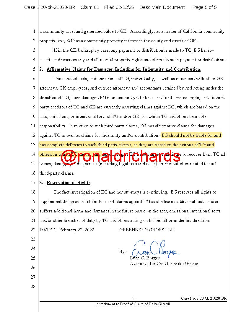 RonaldRichards's tweet photo. Breaking:🚨🚨 @erikajayne files a claim in her husband's bk case. She claims she OWES NOTHING!  ⬇️⬇️ below.  She also sets the defense for EJ Global, her LLC which received $25M in payments and is a receivable to the law firm:  Tom managed it all, not my problem! Sad to see this. https://t.co/CH4rr2J92S