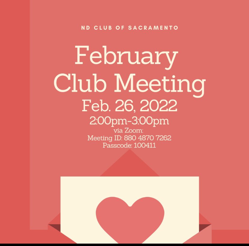 NDSacramento's tweet photo. Join us for our February board meeting! Saturday February 26 2pm!

Open to all! Come meet alumni &amp; friends from Sacramento and make new connections 😊 https://t.co/teKlsnLtIB