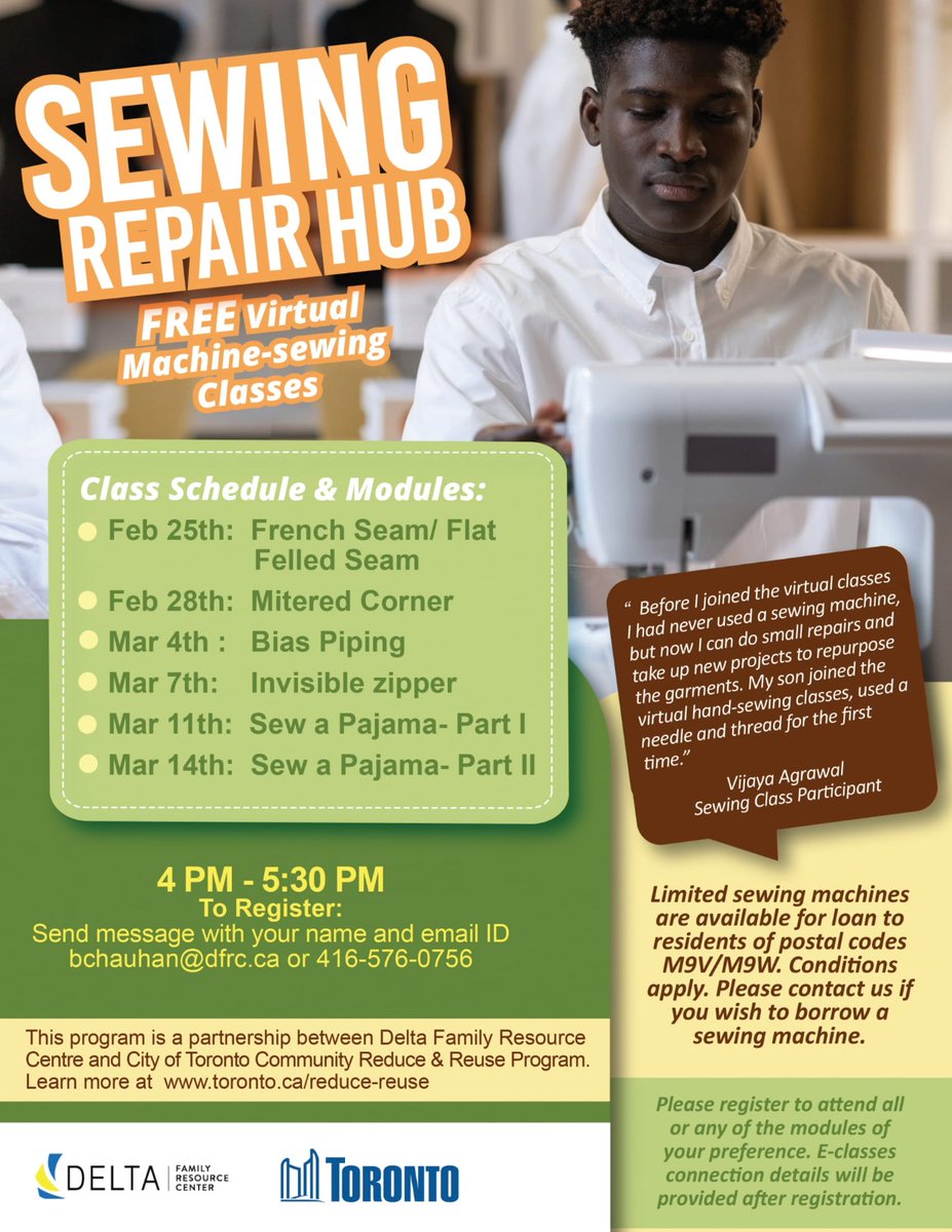 DeltaFamilyRC's tweet photo. Do you love SEWING?? We offer FREE beginner friendly virtual classes from Feb 25th to March 14th🌼
To Register: Call us at (416) 576 - 0756
OR message us at bchauhan@dfrc.ca/
aislam@dfrc.ca
Hope to see you in these sessions!😊
#beginnerclasses #sewing #machinesewing #toronto https://t.co/8iHlTNYhhj
