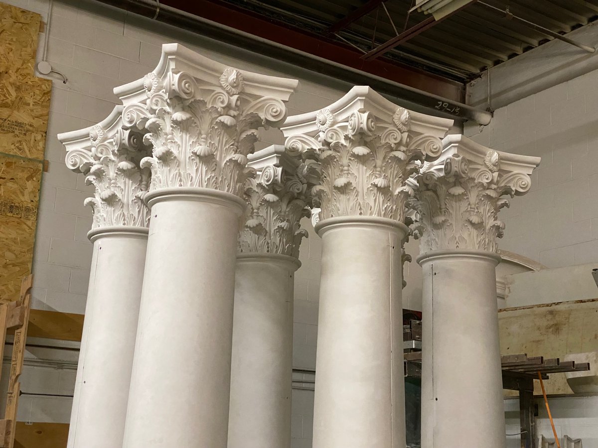 JohnGPurcell's tweet photo. Acanthus leaves adorn a forest of Corinthian capped columns, awaiting their replanting at a residential project in South Dakota.

#architecture #design #architect #architecturephotography #architecturelovers #interiordesign #archilovers #plastercasting #plaster https://t.co/FfnOoUcKCE