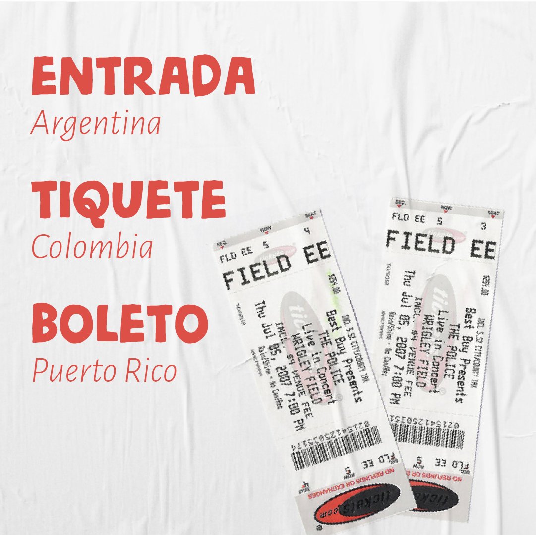 MzaTranslation's tweet photo. 🇦🇷 En Argentina les llamamos "entradas" 🎟️ También se usa el extranjerismo "tickets" pero no es la forma más común.
¿Cómo las llaman en tu país o región? 
#latinoamerica #tickets #concert #argentina #colombia #puertorico #extranjerismos #HarryStyles #JustinBieberArgentina https://t.co/GoIFYc7qtP