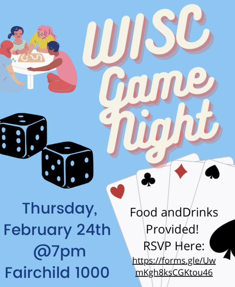 ColumbiaWIS's tweet photo. Come hang out with other members of the WISC community and decompress at our Game Night tomorrow evening. Games, snacks and drinks provided! https://t.co/Ksujjuze3x https://t.co/cTbdNvfrYp
