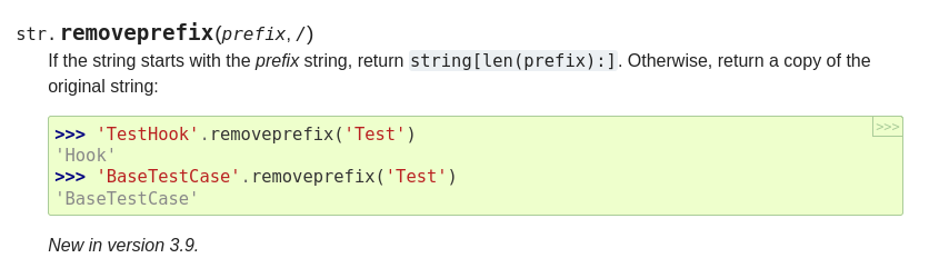 podalirius_'s tweet photo. [#thread 🧵 (3/4)] In python 3.9, we can remove a string from the left of another using #removeprefix instead: https://t.co/nAm4HdXyo7