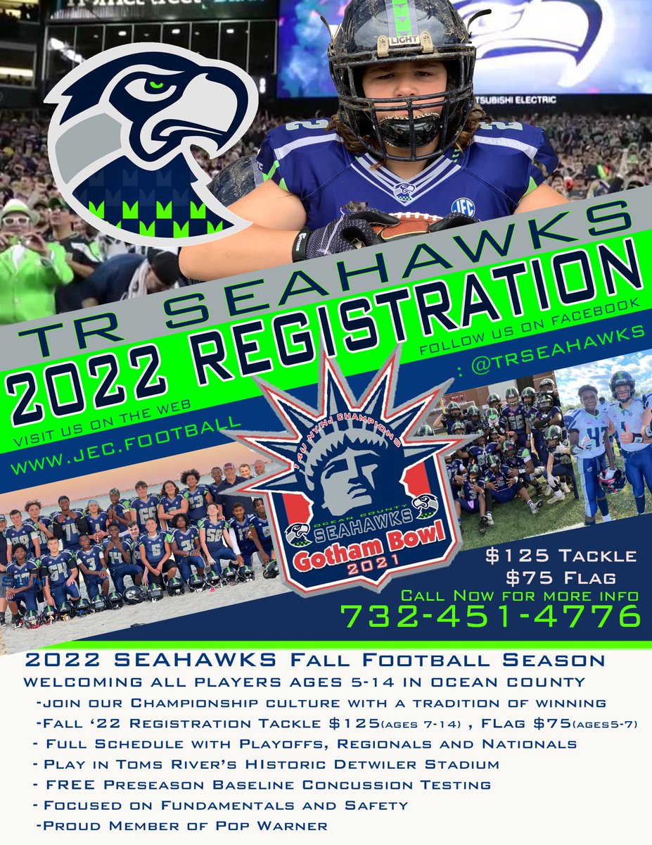 TRSeahawks's tweet photo. The Best just got BETTER!!  Fall 2022 Registration Just $125 for Tackle (ages 7-14) and $75 Flag (ages 5-7)!!
Join our Championship Culture with a Tradition of Winning! https://t.co/mYFhZ9fu1h