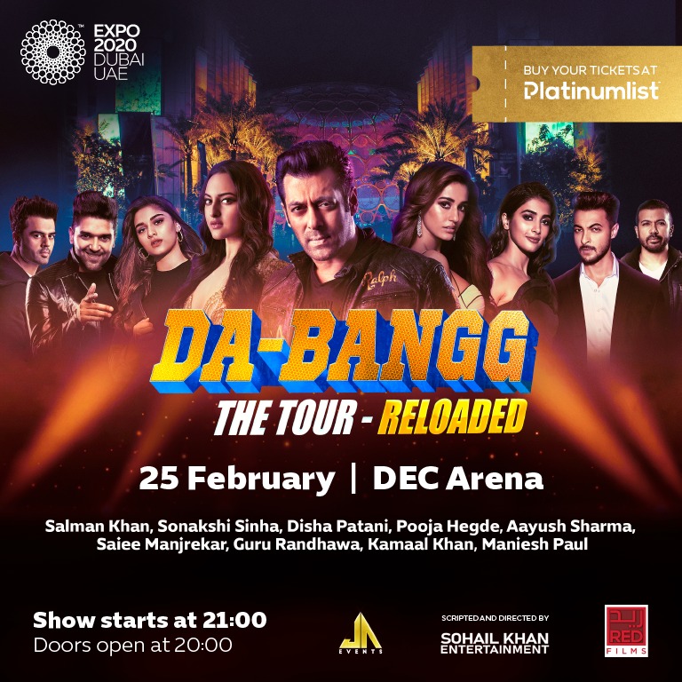 BeingSalmanKhan's tweet photo. Da-Bangg The Tour - Reloaded is coming to Expo 2020 Dubai on 25th February 2022. Book your tickets now : https://t.co/stji8rlmOS @expo2020dubai #Expo2020 #Dubai @BToSproductions @theJAEvents @jordy_patel  @aadu_adil @sohailkhanofficial @aslisona  @dishapatani @hegdepooja https://t.co/ttgizCMiDS