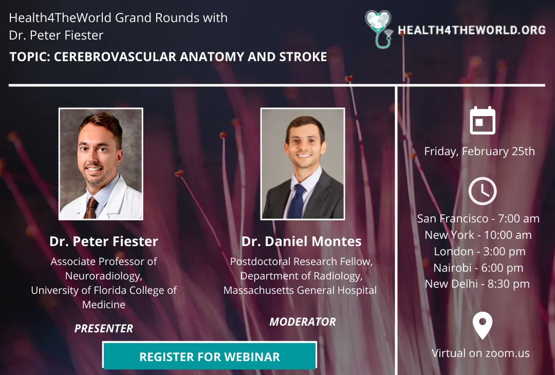 Health4TheWorld (@charityh4tw) on Twitter photo Looking forward to #Health4theWorld Grand Rounds on "Cerebrovascular #Anatomy and #Stroke" with <a href="/PeteFiesterMD/">Peter Fiester, MD</a>, moderated by <a href="/DanielM737/">Daniel Montes, MD</a>. Join us Friday, February 25th at 7AM PST!
Register on Zoom: buff.ly/34Z8S4x
#NeuroTwitter #NeuroRad #RadRes Looking forward to #Health4theWorld Grand Rounds on "Cerebrovascular #Anatomy and #Stroke" with <a href="/PeteFiesterMD/">Peter Fiester, MD</a>, moderated by <a href="/DanielM737/">Daniel Montes, MD</a>. Join us Friday, February 25th at 7AM PST!
Register on Zoom: buff.ly/34Z8S4x
#NeuroTwitter #NeuroRad #RadRes