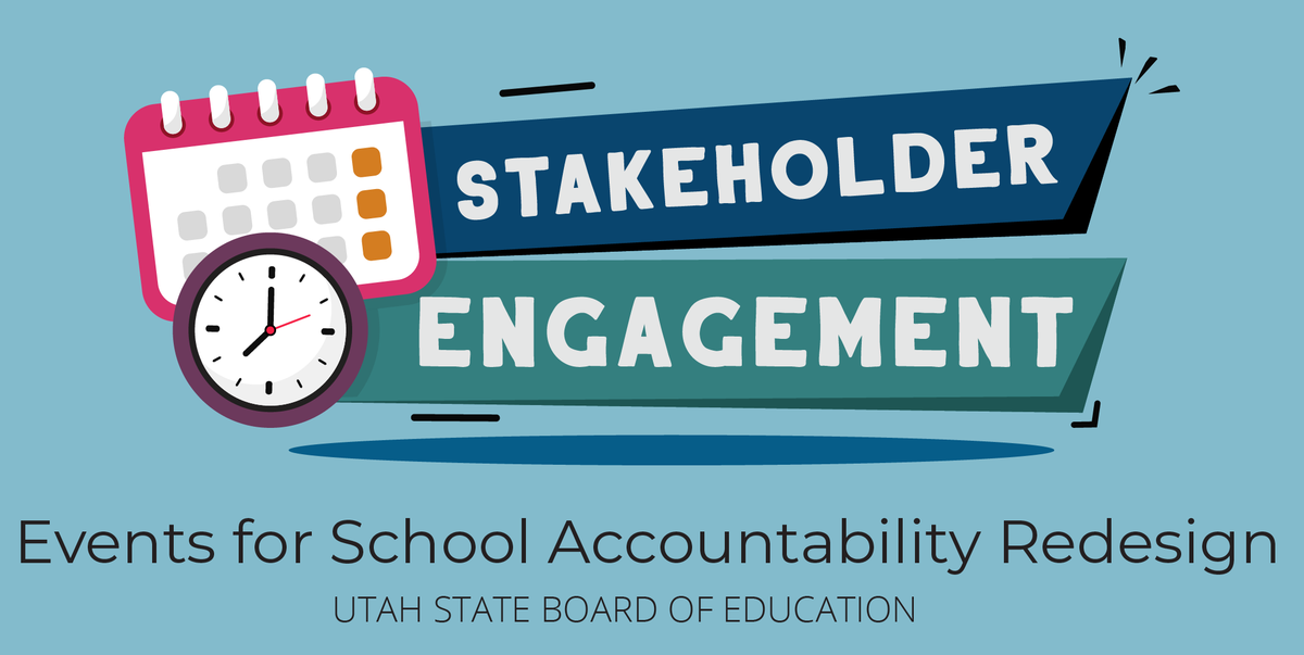 Four stakeholder events are available for opportunities to provide input around the school accountability redesign.

• March 1 (Virtual)
• March 3 (Virtual)
• April 19 (St. George)
• April 20 (Murray)

Full Details: schools.utah.gov/assessment?mid…