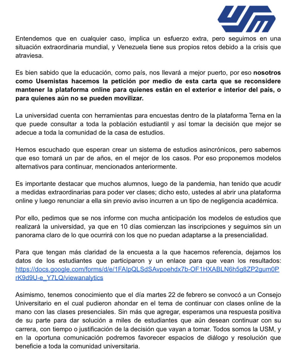 milirondon18's tweet photo. Los estudiantes de la #USM nos unimos en solicitud a nuestras autoridades académicas para que nos permitan continuar con la modalidad de clases online a quienes por distintos motivos no podremos ver clases presenciales, solicitamos ser escuchados! @Usemistas @usm_vzla @leirisgsm https://t.co/NA0LS8uTTF