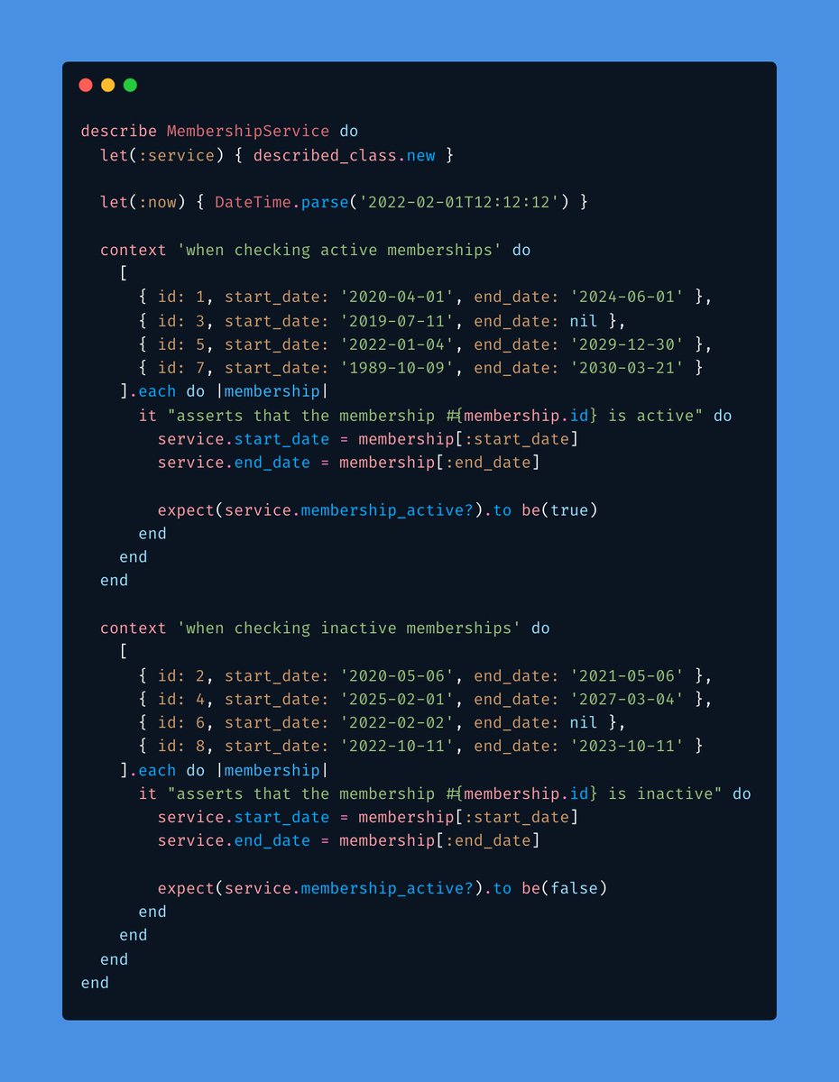 residentlytech's tweet photo. Parameterised testing was the subject of a recent #CodeTime session. Also known as table testing, this is a great way of testing multiple scenarios. You can also combine this with string interpolation to add context to each test.
#Ruby #ParameterisedTesting #TableTesting #RSpec https://t.co/Vty1YZwkGv