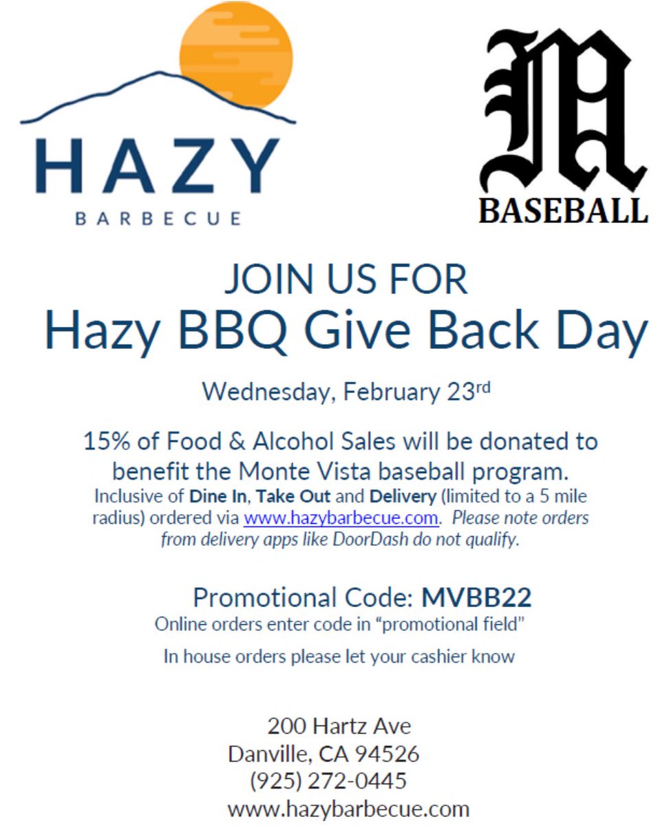 MVHS_Baseball17's tweet image. Get some Hazy BBQ and support the Mustangs Baseball program. Use MVBB22 when your order today and 15% is given to our program. Let’s fill Hazy BBQ with red and black!!!!
