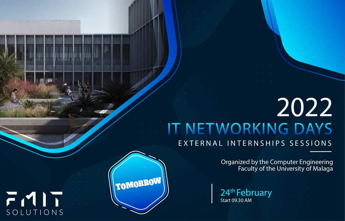fmit_group's tweet photo. We will be part of #ITNetworkingDays, External Internships Sessions organized by @InformaticaUMA from the University of Malaga! #localtalent #internship #UMA An opportunity to connect, see you there! https://t.co/scx5mPMze5
